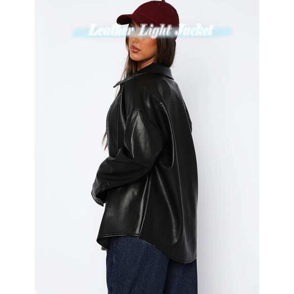 Women Black Button Down Shirt Long Sleeve Loose Light Coats Faux Leather Jacket - Picture 5 of 7